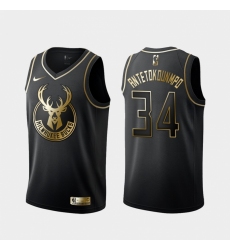 Men Nike Milwaukee Bucks Giannis Antetokounmpo 34 Black Gold Nike Swingman Jersey