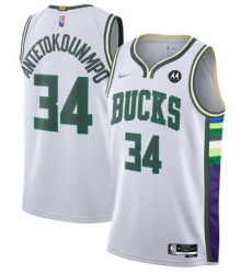 Men's Milwaukee Bucks #34 Giannis Antetokounmpo White 2021 22 75th Anniversary Swingman City Edition Stitched Jersey