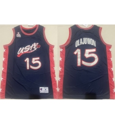 Men USA Basketball 15 Hakeem Olajuwon Navy Stitched Jersey