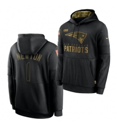 Men New England Patriots 1 Cam Newton 2020 Salute To Service Black Sideline Performance Pullover Hoodie