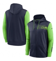 Men Seattle Seahawks College Navy Neon Green Fan Gear Mascot Performance Full Zip Hoodie