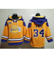 Men's Los Angeles Lakers #34 Shaq O'Neal Yellow Lace-Up Pullover Hoodie