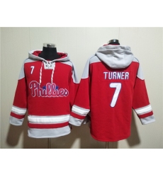 Men Philadelphia Phillies 7 Trea Turner Red Ageless Must Have Lace Up Pullover Hoodie