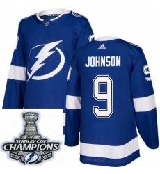 Men Adidas Tampa Bay Lightning 9 Tyler Johnson Premier Royal Blue Home NHL Stitched 2021 Stanley Cup Champions Patch Jersey