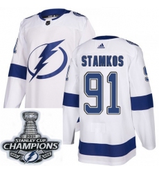 Men Adidas Tampa Bay Lightning 91 Steven Stamkos Authentic White Home NHL Stitched 2021 Stanley Cup Champions Patch Jersey
