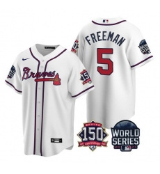 Men Atlanta Braves 5 Freddie Freeman 2021 White World Series With 150th Anniversary Patch Cool Base Stitched Jersey