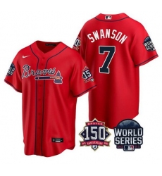 Men Atlanta Braves 7 Dansby Swanson 2021 Red World Series With 150th Anniversary Patch Cool Base Stitched Jersey