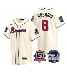 Men Atlanta Braves 8 Eddie Rosario 2021 Cream World Series With 150th Anniversary Patch Cool Base Stitched Jersey