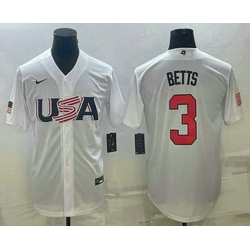 Men's USA Baseball #3 Mookie Betts 2023 White World Baseball Classic Replica Stitched Jersey