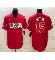 Men USA Baseball #15 Bobby Witt Jr 2023 Red World Baseball Classic Stitched Jersey