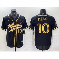 Men Inter Miami CF 10 Lionel Messi Black Gold Cool Base Stitched Baseball Jersey