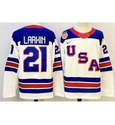 Men's USA #21 Dylan Larkin White 2026 Stitched Jersey Men's USA #21 Dylan Larkin White 2026 Stitched Jersey