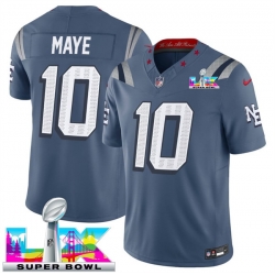 Men New England Patriots 10 Drake Maye Storm Blue 2025 F U S E  Super Bowl LX Patch  Rivalries Vapor Limited Stitched Football Jersey