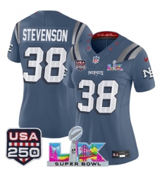 Women New England Patriots 38 Rhamondre Stevenson Storm Blue 2025 F U S E Super Bowl LX  USA 250 Patch Rivalries Vapor Limited Football Stitched Jersey 