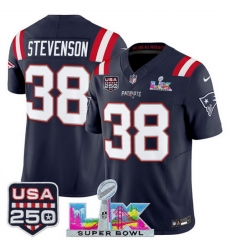Youth New England Patriots 38 Rhamondre Stevenson Navy 2025 F U S E  Super Bowl LX Patch And USA 250 27 Patch Vapor Limited Stitched Football Jersey