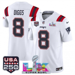Youth New England Patriots 8 Stefon Diggs White 2025 F U S E  Super Bowl LX  USA 250 Patch Vapor Limited Stitched Football Jersey