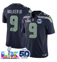 Men Seattle Seahawks 9 Kenneth Walker III Navy 2025 F U S E  Super Bowl LX Patch And 50th Season Patch Vapor Limited Stitched Football Jersey