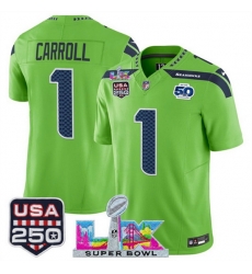 Youth Seattle Seahawks 1 Pete Carroll Green 2025 F U S E Super Bowl LX Patch And 50th Season USA 250 Patch Vapor Limited Stitched Football Jersey Youth Seattle Seahawks 1 Pete Carroll Green 2025 F U S E Super Bowl LX Patch And 50th Season USA 250 Patch Vapor Limited Stitched Football Jersey