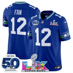 Youth Seattle Seahawks 12 Fan Royal 2025 F U S E  Super Bowl LX Patch And 50th Season Patch Vapor Throwback Limited Stitched Football Jersey
