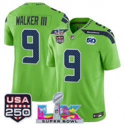 Youth Seattle Seahawks 9 Kenneth Walker III Green 2025 F U S E  Super Bowl LX Patch And 50th Season  USA 250 Patch Vapor Limited Stitched Football Jersey