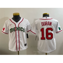 Youth Mexico Baseball  16 Jarren Duran White 2026 World Baseball Classic Home Stadium Stitched Baseball Jersey